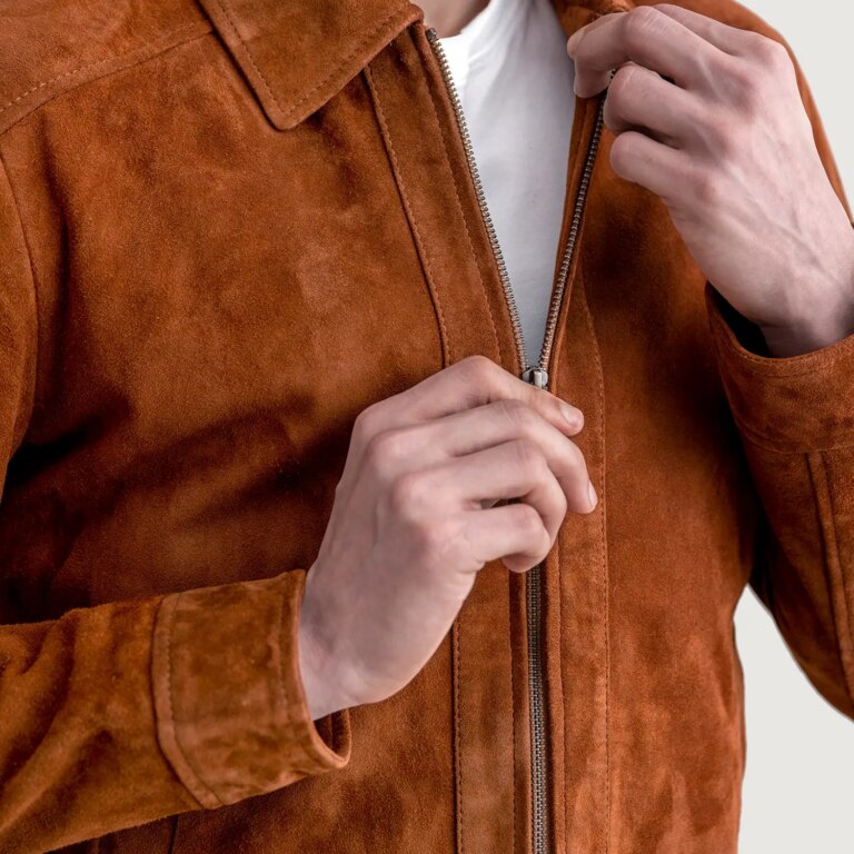 Mens Inferno Brown Suede Leather Jacket Close-Up-9-1724077281174
